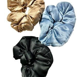 Luxurious Satin Hair Scrunchies Trio - Black, Blue, and Tan
